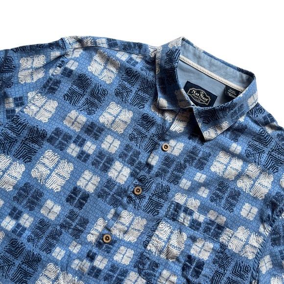 Nat Nast Men SS Button Shirt 70% Silk 30% Cotton Blue White Geometric L - Picture 1 of 11